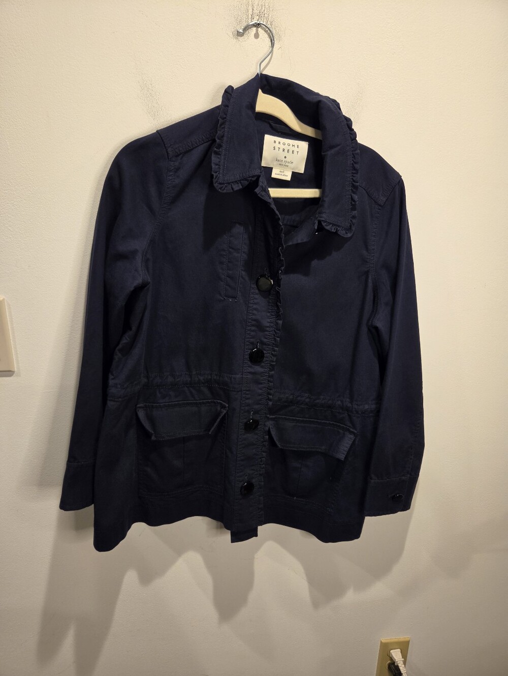 Kate Spade Broom Street Size S Navy Button Up Jacket W/velvet Bow. Small Flaw
